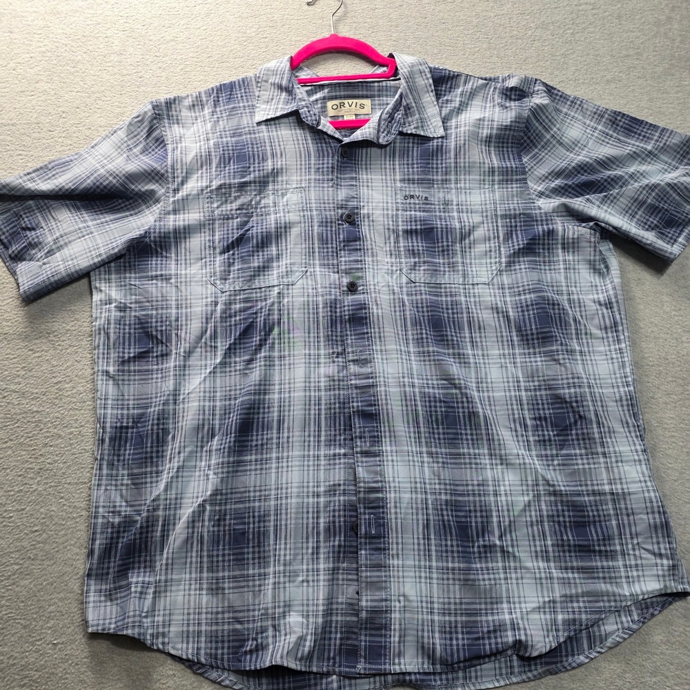 Orvis Classic Collection Mens XL Blue Plaid Button Up Shirt Short Sleeve Pockets